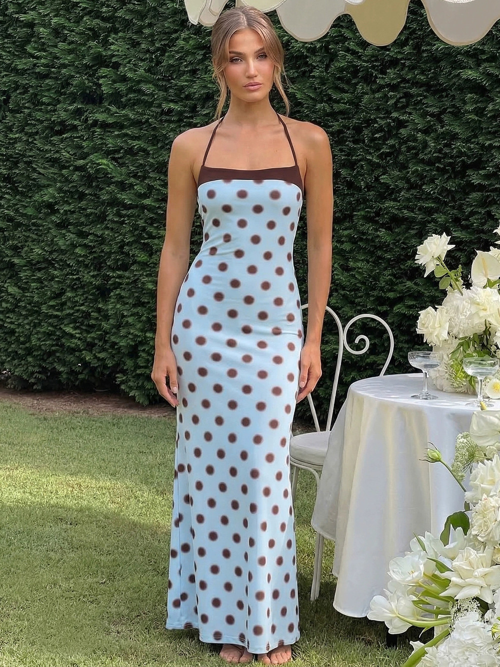 Zara Blue Polka Dot Bodycon Dress Retro Streetwear
